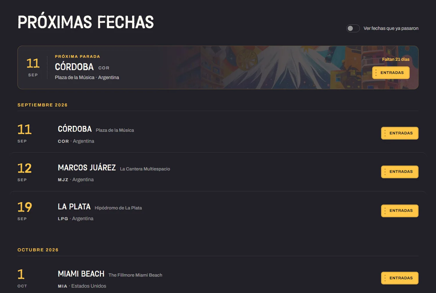 Listado de proximas fechas con el boton de entradas de cada ciudad