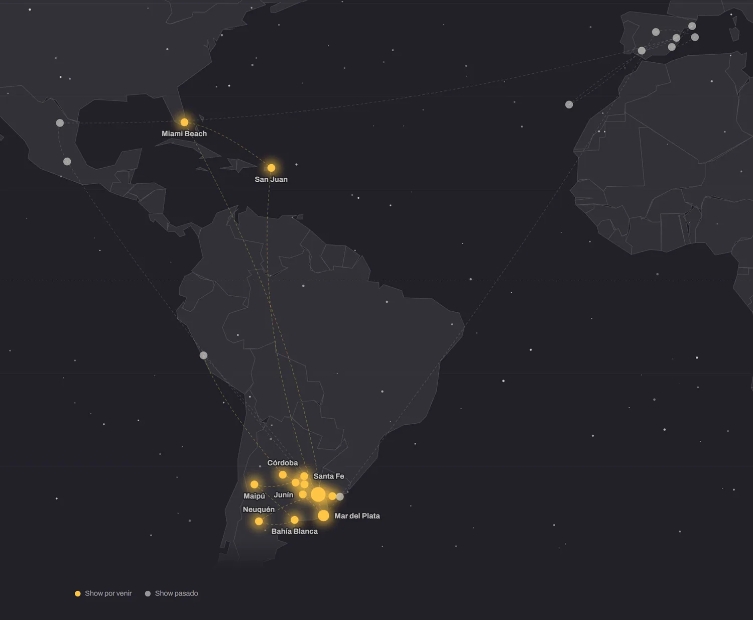 Mapa del recorrido de la gira, con las fechas por venir en amarillo
