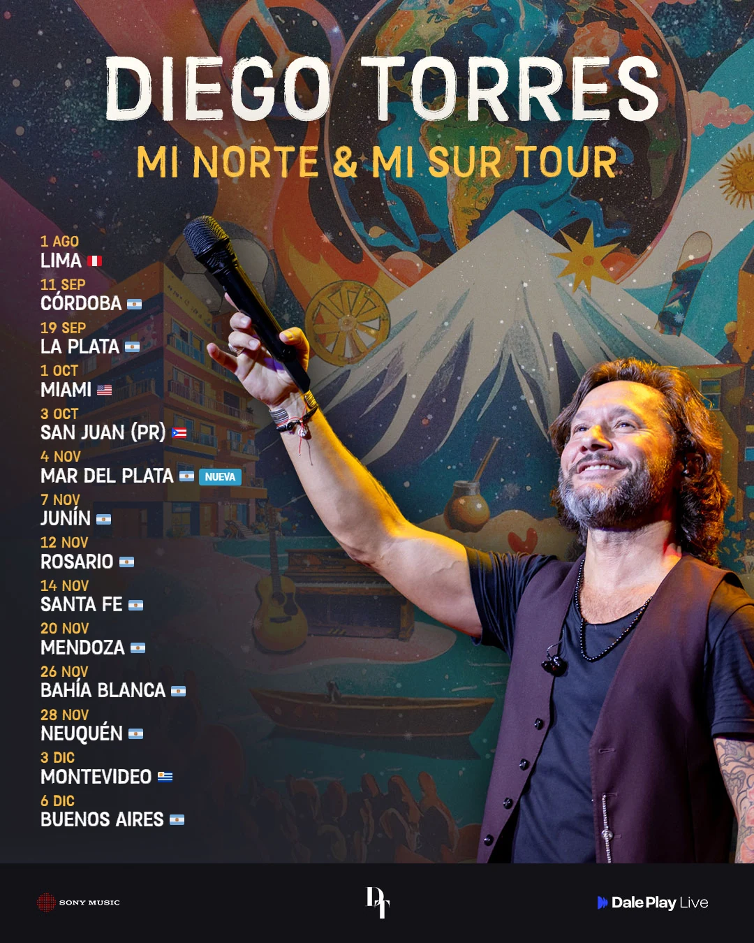 Anuncio de fechas de la gira Mi Norte y Mi Sur, con banderas por pais y el rotulo Nueva sobre la funcion agregada