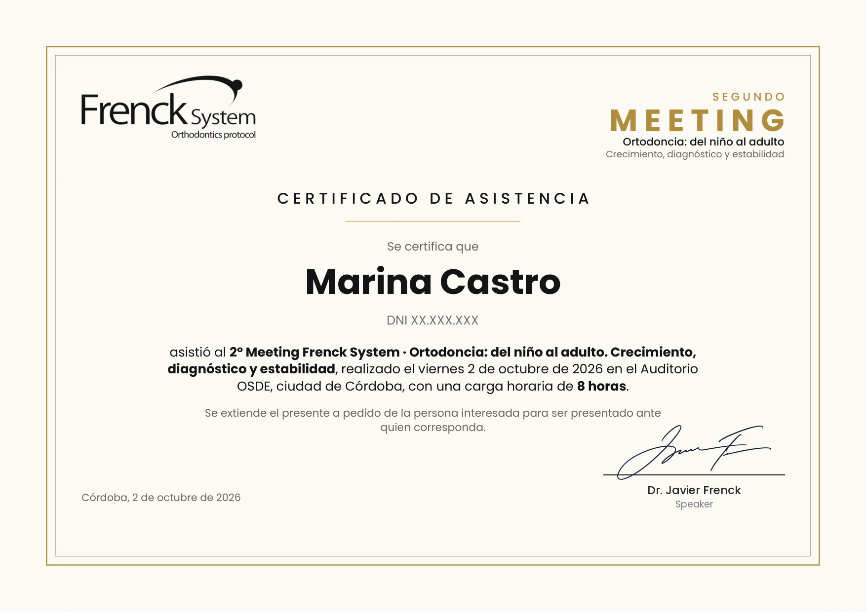 Certificado de asistencia del 2.º Meeting Frenck System